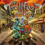 „Trollfest Trollywood“ dominieren Schriftzug. Comic-Illustration: Bunte, wilde Figuren in einer fantasievollen Straßenszene., CD