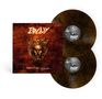 Schriftzug "EDGUY" oben, "HELLFIRE CLUB" unten. Darstellung eines dämonischen Gesichts auf rot-braunem Hintergrund. Zwei Schallplatten.