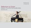 "Reflections on Chopin", Études-Titel und Olga Chelova. Frau neben Flügel, hält Noten. Hintergrund notenähnlich. Logo NEOS CLASSICS.