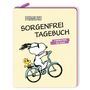 PEANUTS SORGENFREI TAGEBUCH. 7 MINUTEN für mich. Illustration: Ein Hund fährt Fahrrad mit einem gelben Vogel hinten drauf.