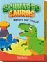 "Schnapposaurus: Rettet die Dinos" steht über zwei fröhlichen Dinosauriern vor Vulkan. Unten steht "Pattloch"., Spiele