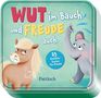 „WUT im Bauch und FREUDE auch. 25 Gefühlskarten für Kinder.“ Illustration: Ein Pony schaut wütend, ein lächelnder Elefant.