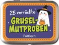 Text: "25 verrückte Grusel-Mutproben. Pattloch." Illustration: Ein fröhlicher Geist mit Hexenhut und Kürbis.