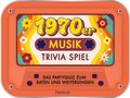 "1970er Musik Trivia Spiel. Das Partyquiz zum Raten und Weitersingen." Farbenfrohe Kassette mit Blumenmotiv.