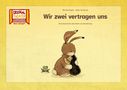 Logo "ERZÄHLTHEATER KAMISHIBAI". Titel "Wir zwei vertragen uns". Illustration: Hase umarmt Igel, daneben ein Frosch., Buch