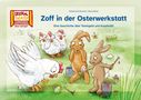 „Zoff in der Osterwerkstatt“: Zwei Hasen, vier Hühner und bemalte Eier auf einer grünen Wiese. Pinsel fällt Farbe ab., Buch