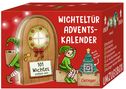 „Wichteltür Adventskalender“ groß auf rotem Hintergrund. Illustration: Wichtel, Tür, Tannenbaum und Umzugskisten.