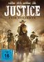 „JUSTICE: KEIN ERBARMEN“. Drei berittene Männer in Westernkleidung reiten durch eine brennende Stadt., DVD