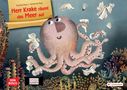 „Herr Krake räumt das Meer auf“ zeigt einen fröhlichen Kraken, der Müll im Meer sammelt, umgeben von Korallen., Buch