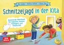 „Schnitzeljagd in der Kita“. Kinder lösen Rätsel, suchen Hinweise, ein Kind liest eine Karte. Ein freundlicher Pirat beobachtet.