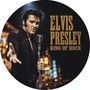 "Elvis Presley King of Rock" in goldener Schrift; ein Mann in schwarzer Kleidung singt in ein Mikrofon, Hand ausgestreckt., Single 12"