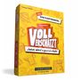 "VOLL VERSCHÄTZT" Kartenspielbox in Gelb mit Illustrationen. Text: "Jetzt wird's persönlich!", "DENKRIESEN"., Spiele