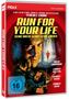 DVD-Cover: "RUN FOR YOUR LIFE – Seine Rache kennt keine Grenze". Ein Mann, Kind und Laufender im Wald. FSK 16., DVD
