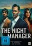 „Basierend auf dem Roman von John le Carré. Tom Hiddleston. THE NIGHT MANAGER. Die komplette 2. Staffel auf 2 DVDs.“ Drei Personen im Anzug vor einem Abendhimmel.