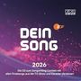 „DEIN SONG 2026“ steht groß im Zentrum. Wörter beschreiben eine CD zum Songwriting Contest. Oben sind KiKA- und ZDF-Logos., CD