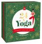 "24 x Yoga" im Zentrum, rotes Banner: "Entspannt durch den Advent", grüner Hintergrund mit weihnachtlichen Mustern., Buch