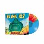 Text: "BLINK 182" und "BUDDHA". Bunte Schallplatte mit blauem und rotem Farbverlauf, Buddha-Skulptur im Hintergrund.
