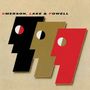 EMERSON, LAKE & POWELL oben. Drei abstrakte Gesichter, schwarz, gold und rot, nebeneinander auf beigem Hintergrund.