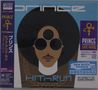 "Prince", "HITnRUN phase one", Illustration eines Gesichts mit Afro, Sonnenbrille und Bart, lila Symbol links.