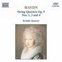 Text: HAYDN, String Quartets Op. 9 Nos. 1, 3 and 4, Kodály Quartet. Illustration: Porträt einer Frau mit weißem Haar.