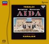 "Tebaldi, Bergonzi, Simionato, Aida Verdi, Vienna Philharmonic Orchestra, Karajan." Das Cover zeigt ein ägyptisches Tempelbild.
