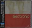 Text: „electronic“. Oben dezent zwei Gesichter. Links japanischer Text und „FOREVER YOUNG“ in Blau.