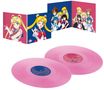 Zwei pinke Schallplatten und ein aufklappbares Cover zeigen bunte Anime-Figuren in Schuluniformen.