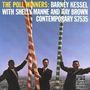 "The Poll Winners: Barney Kessel with Shelly Manne and Ray Brown. Contemporary S7535." Drei Männer halten große bunte Stangen.