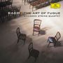 "BACH | THE ART OF FUGUE EMERSON STRING QUARTET" in Großbuchstaben. Vier leere Holzstühle auf einem Holzboden.