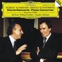 Text: Klavierkonzerte von Schumann und Schoenberg. Zwei Männer in Anzügen lachen, einer gestikuliert., CD