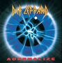 "Def Leppard" oben, "Adrenalize" unten. Illustration: Blitz in einer blauen Iris, dunkler Hintergrund.