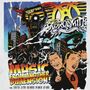 Im oberen Bereich steht "Aerosmith". Unten: "Music From Another Dimension!". Comic-Stil mit Robotern und Menschen in Panik.