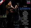 Oben: "Puccini La Bohème". Namen: Freni, Pavarotti, Harwood, Panerai, Maffeo, Ghiaurov. Berliner Philharmoniker, Herbert von Karajan. Links in einer Szene ein Mann und eine Frau.