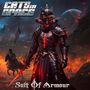 "Cats in Space" und "Suit of Armour". Ein Ritter in dunkler Rüstung mit leuchtenden roten Akzenten, im Hintergrund brennende Landschaft., CD