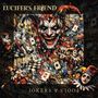 "Lucifer's Friend" oben, "Jokers & Fools" unten. Illustration mit grinsendem Joker, Karten und bunten Narren., 5 CDs