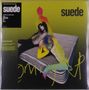 Text: "suede", "coming up". Illustration mit surrealen, bunten Figuren auf einer Matratze vor gelbem Hintergrund., LP