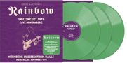 "Rainbow In Concert 1976 Live in Nürnberg." Drei grüne Schallplatten, lila Hülle mit Gitarrist und Text über Konzertdetails.