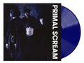 Text "PRIMAL SCREAM" vertikal. Links dunkles Foto einer Band. Rechts eine blaue Schallplatte., LP