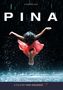 „Pina“, „A Film by Wim Wenders“. Eine Figur in rotem Kleid springt in der Luft durch fallendes Wasser.