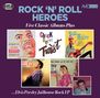 Text: "ROCK 'N' ROLL HEROES", "Five Classic Albums Plus", "Chuck Berry Twist", "Elvis Presley's Jailhouse Rock EP". Albumcover mit Musikern.
