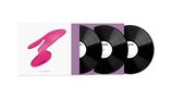 Drei schwarze Schallplatten mit lilafarbenen Hüllen; links ein Cover mit pinkem abstraktem Muster, Text: "Be a Rebel, New Order".