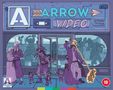 "ARROW VIDEO", "OPEN TILL 11 PM". Illustration eines Videoladens, Menschen und Figuren davor, eine Figur schleudert Blitze., 5 Blu-ray Discs