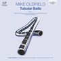 "MIKE OLDFIELD, Tubular Bells" steht oben, darunter ein gebogenes, metallisches Rohr mit Klaviertasten, das wie ein Logo wirkt.