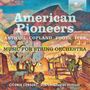 "American Pioneers", Musik für Streichorchester. Illustration einer Landschaft mit Bäumen, Gebäuden und einem Pferd.