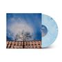 Text: BLISS. Ein kahler Baum vor einer Reihe alter Gebäude unter einem bewölkten blauen Himmel. Eine blaue Schallplatte., LP