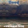Text: "flood, a new way of living". Illustration: Wolken über einem Ozean, ein Gesicht erscheint hinter den Wolken., LP