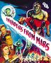 Text: "Invaders from Mars." Illustration eines großen Wesens, das eine Frau in roten Kleidern trägt. Kampf- und Science-Fiction-Szenen.