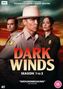 "DARK WINDS, SEASON 1 to 3, 'GROUNDBREAKING' TIME MAGAZINE." Drei Personen in Polizei-Uniformen mit ernstem Blick.