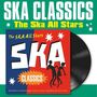 „SKA CLASSICS“, „The Ska All Stars“. Illustration: Tänzer-Silhouetten, Vinyl-Platte, Sterne, bunte Hintergründe., LP