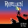„Rebellion“, „Jah Woosh, Sis & Bee“. Silhouette auf Klippe mit Flagge, Sonnenuntergang in roten und blauen Tönen., LP